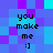Pixelated text 'you make me :]' on a blue-purple background with shifting color blocks