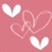 A static image with a solid pink background featuring three white heart shapes and two pink heart outlines in a layered arrangement.