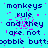 Pixelated text on cyan background with pink noise, repeating 'monkeys rule and they are not' and 'booble butts' in three