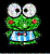 Pixelated green frog with large white eyes, red cheek spots, and a blue-and-white checkered shirt against black background.
