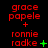 Red text 'grace papele' and 'ronnie radke' with green symbols on black background, showing animation changes in symbol placement and color.