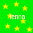 Green background with yellow stars and repeated white text 'Jenna' in pixelated font.