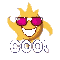 Pixelated sun icon with pink sunglasses and gray mouth, displaying 'COOL' text below in blocky font.