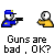 Pixel art animation of two figures: one blue-capped with a black gun, one yellow-capped with a white head, showing text and blood effects.