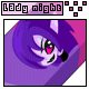 Pixelated cartoon character with purple hair and pink eyes, shown in a of with slight pose variations