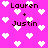 Pixelated pink background with white heart shapes and repeated text "Lauren + Justin" in dark brown pixelated font.