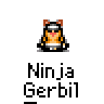 Animated pixel art contact sheet showing 23 frames of a ninja gerbil character in various poses with text "Ninja Gerbil" below each frame.