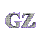 Animated sequence of metallic 'GZ' and single-letter icons in varying styles, colors, and states against a gray background.