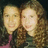 Pixelated image of two people with long brown hair on a pink background, accompanied by yellow text elements.