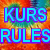 Pixelated text 'KURS RULES' in bright cyan with purple outlines on a multicolored pixelated background.