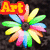 Four colorful flower-shaped icons with rainbow petals on a dark background, each featuring distinct text or symbols.