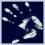 Four pixelated frames show a hand with white exclamation marks on dark blue background, each frame displaying different finger positions and mark placements.