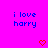 Bright pink background with blue pixelated text reading "i love harry" on both sides and two red heart symbols below.