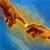 A pixelated image shows two hands reaching toward each other against a blue background with a bright light between them.