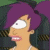 Animated contact sheet of a Futurama character with purple hair in various facial expressions against a dark background with yellow-and-black stripes.
