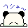 Pixel art panda with black ears and green outline, showing multiple expressions including sad face, floating pose, and heart symbols above head.