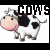 Pixelated cow icon with black-and-white patches, pink nose, and small horns, paired with bold text above.