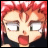 Pixelated anime-style character with red hair and wide eyes, mouth open in surprise, next to stylized text on black background.