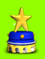 Animated icon with blue cylindrical base, golden star atop, and yellow circular accents on a bright green background.