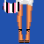 Pixelated character with black hair and pink-and-black striped top, holding a matching bag against blue background.