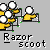 Pixelated icon shows two yellow figures on exercise equipment with white circular heads against gray background, text below reads "Razor scoot" in blocky font.