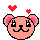 Pixelated pink bear head with black outline, closed eyes, and three red hearts floating above on gray background.