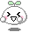 A 3x3 contact sheet of pixel art frames showing a white round character with green sprouts, pink cheeks, and closed eyes in various poses with musical notes appearing near its hands.