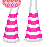 Pixel art contact sheet showing a character's outfit components and text phrases in pink and white color scheme.