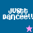 Four quadrants display 'JUST DANCE!!' text with a star icon; top-left and bottom-left have blue and pink backgrounds respectively, top-right and bottom-right have purple backgrounds.