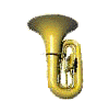 Two golden tubas with dark bell interiors positioned side-by-side against a gray background, each featuring visible valves and tubing details.