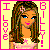 Pixelated cartoon-style buddy icon featuring a female character with long brown hair, blue eyes, and pink lips against a yellow background bordered by bright pink.
