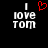 Black background with white pixelated text 'I love TOM' on both sides, red heart symbol above the left side's 'love'.