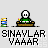 Pixel art character in green shirt and brown pants sits in a chair with a stack of books, text below reads 'SINAVLAR VAAAR' with 'UGG' appearing in one frame.