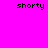 Pixelated text 'shorty' appears in four positions on a bright pink background with yellow rectangular bars.
