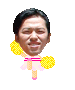 A cartoon-style figure with a large head, black hair, and yellow polka-dot outfit holding yellow pom-poms in various positions against a gray background.