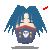 Pixelated character with blue hair and red-and-blue outfit, showing two states: closed eyes with single red motion line on left, open eyes with double red motion lines on right.