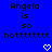 Blue background with black pixelated text reading "Angela is so hotttttttt" and two white pixelated hearts at the bottom.