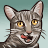 Pixelated cat face with gray tabby stripes, yellow eyes, pink nose, and open mouth showing red tongue against light blue background.