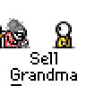 Animated contact sheet of a pixel art buddy icon showing a transaction between two characters with text bubbles and changing poses across 15 frames.