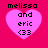 Four identical pixelated heart-shaped icons with pink text on a bright pink background, each displaying 'melissa and eric <33' in black pixelated font.