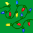 Green background with four identical strands of Christmas lights featuring red, yellow, and blue bulbs arranged in a pattern