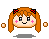 Pixel art character with orange hair, red-and-black bows, pink cheeks, and four distinct facial expressions across two