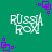 Green background with repeating white text 'RUSSIA ROX' and purple square-dot patterns in four corners.