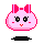 Pixelated pink character with bow, showing four distinct facial expressions and poses