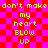 Pixelated text repeats across a red and pink checkered background with yellow lettering.
