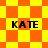 Four identical pixelated 'KATE' text overlays on shifting orange-yellow checkered backgrounds with diamond-shaped patterns.