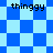Blue and light blue checkered pattern with four instances of the text 'thinggy' in black pixelated font.