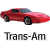 Red pixelated car with dark wheels and blue-tinted windows on gray background, below which is text reading 'Trans-Am' in stylized font.