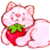 Static pixelated cartoon icon of a pink cat holding a red strawberry with green leaves against white background.