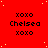 Red background with yellow dots, repeated text 'xoxo Chelsea xoxo' in black pixelated font , gray rectangle in bottom-right corner